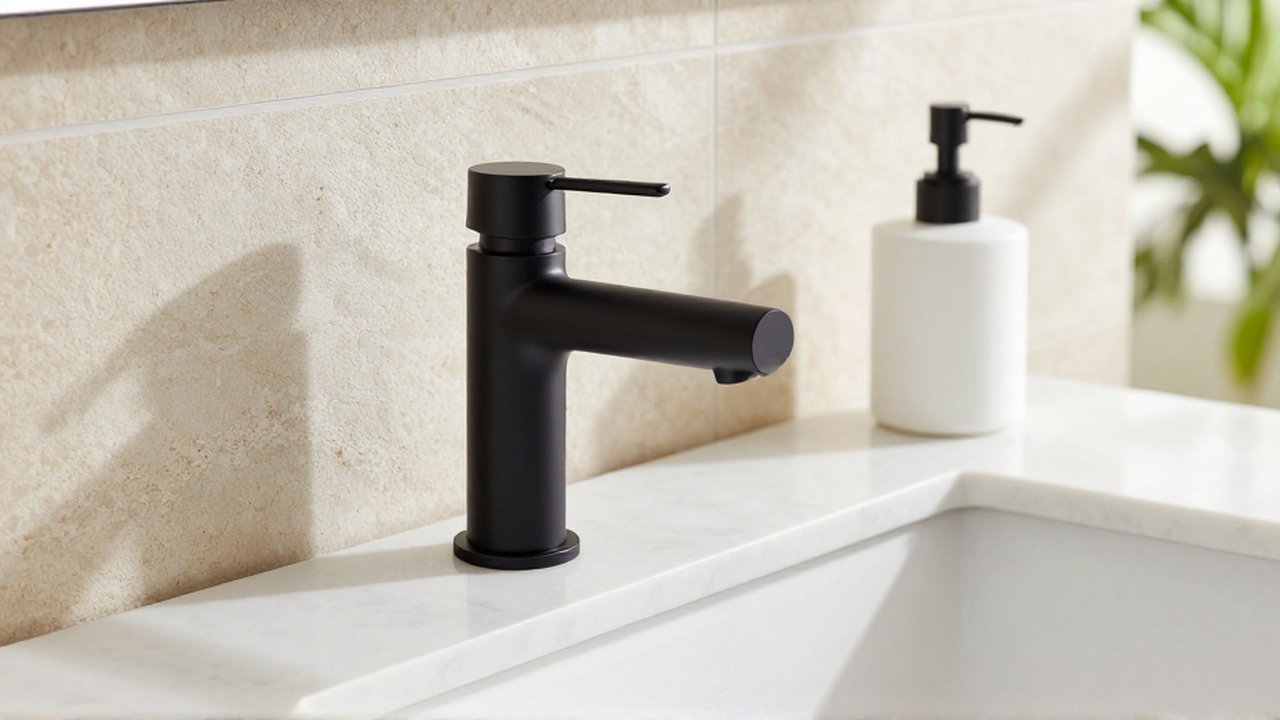 A matte black designer faucet is being installed on a white marble bathroom vanity.
