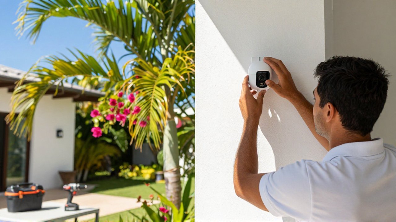 A technician installs a modern wireless security camera on the white wall of a tropical villa.