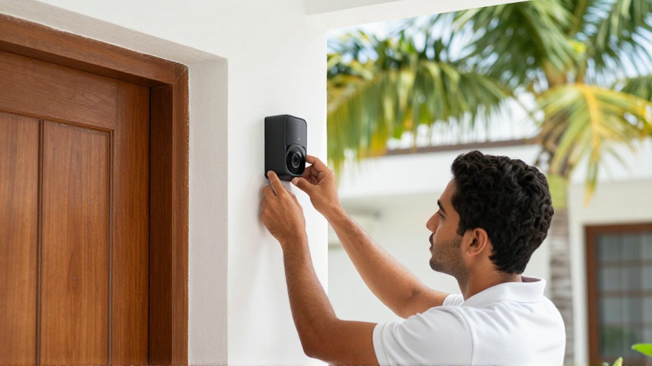A technician installs a smart security camera and Wi-Fi router on a villa's exterior wall.