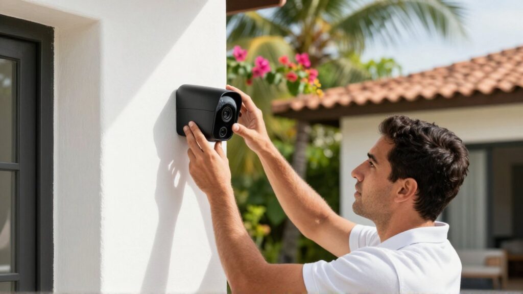 A technician installs a matte black smart security camera on a white villa wall.