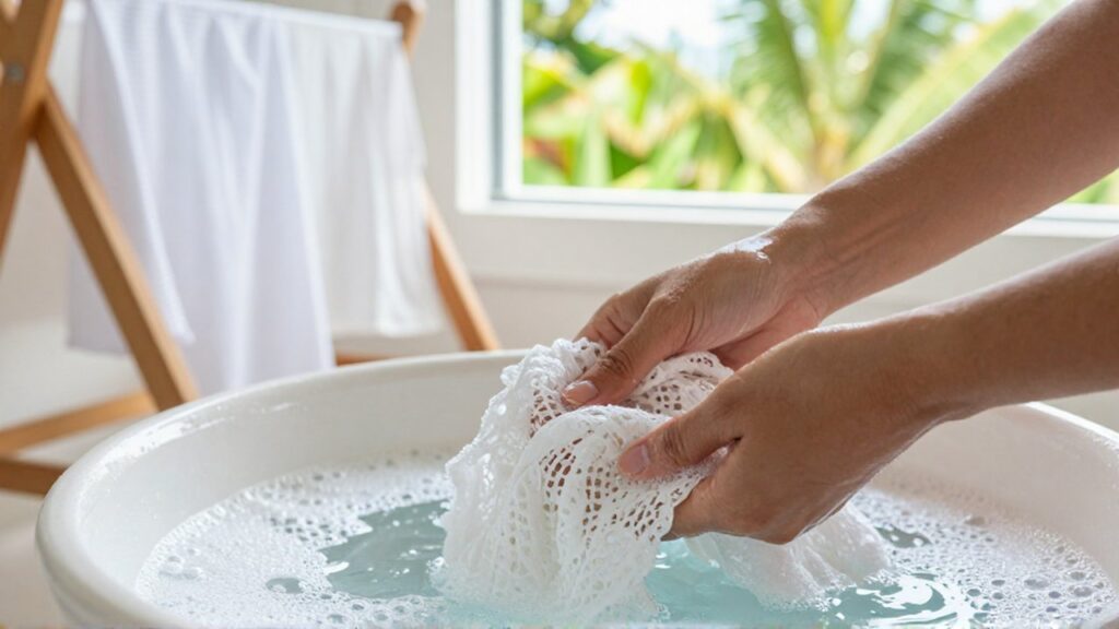 Hands carefully rinse an intricate white lace garment in a soapy ceramic basin.