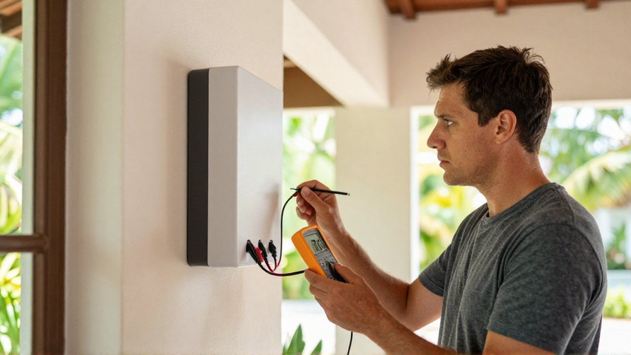 A homeowner uses a digital multimeter to inspect a wall-mounted backup battery in a bright utility room.