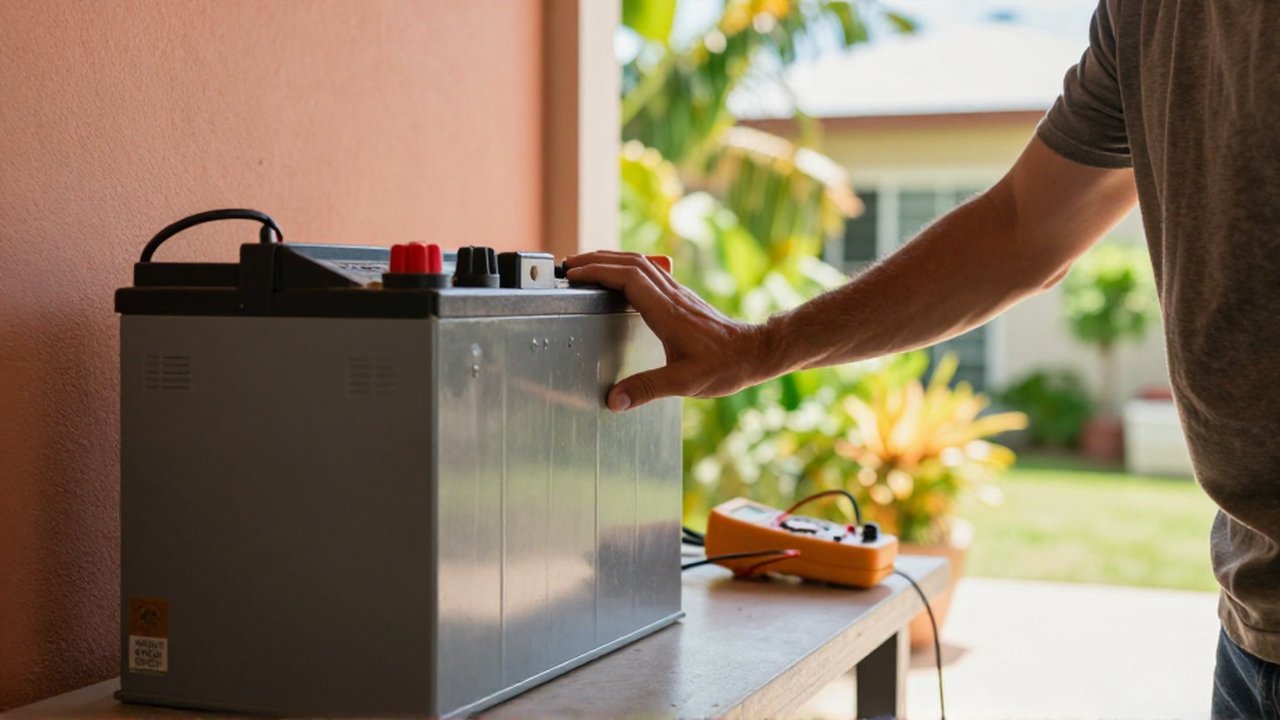 A person cautiously touches a large home battery unit in a utility area to check for excessive heat.