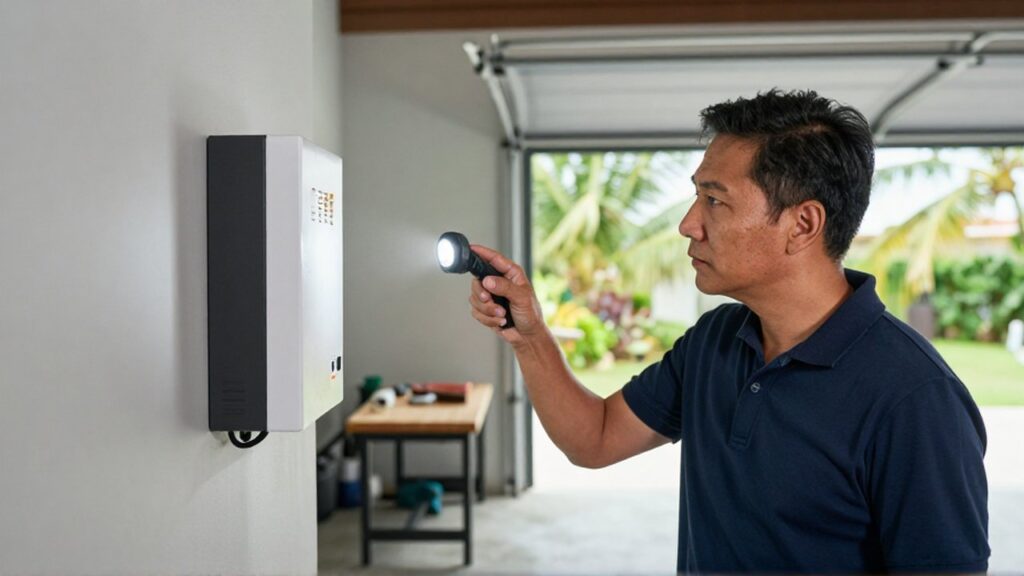 A homeowner uses a flashlight to inspect oxidation on a wall-mounted lithium battery in a garage.