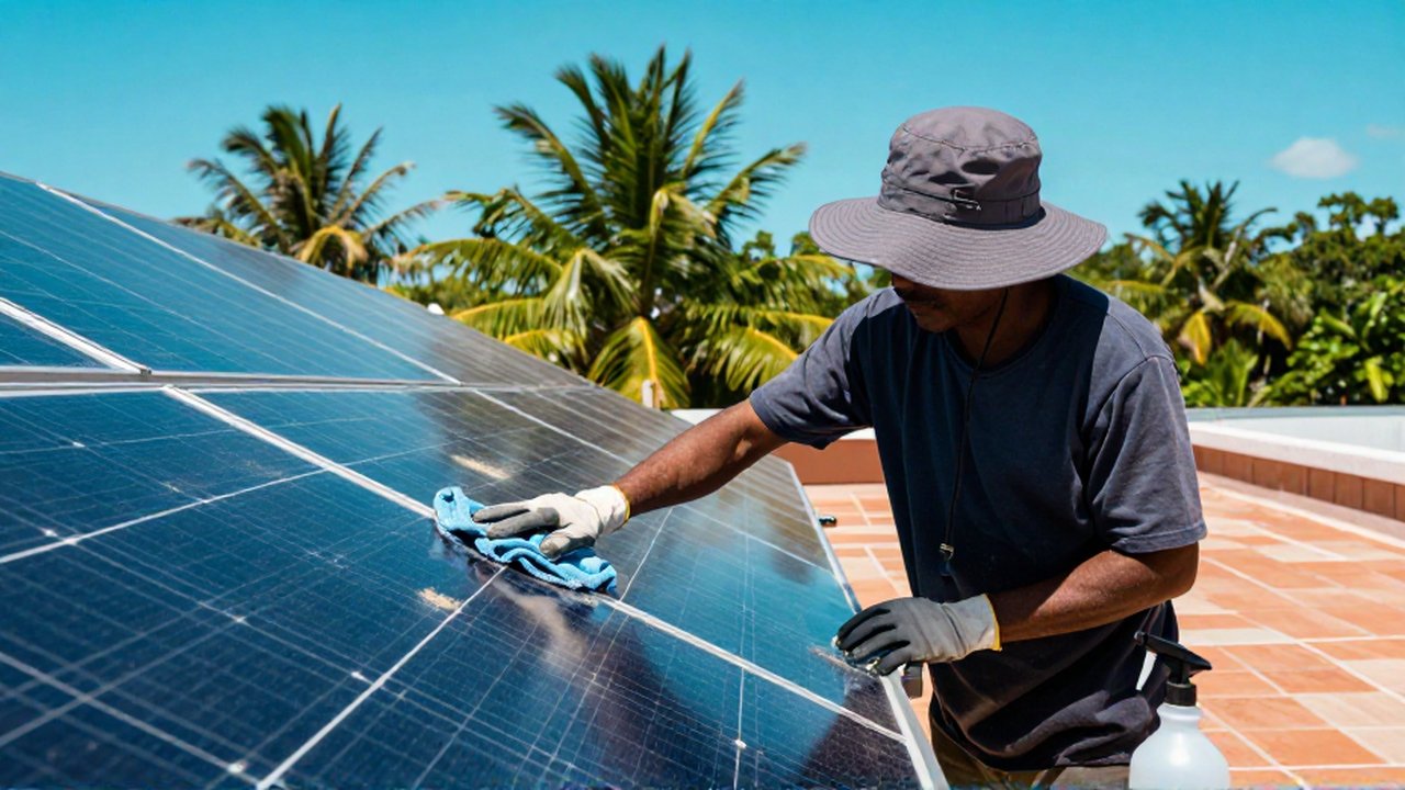 A technician in protective gear wipes dust from a blue solar panel on a sunny tropical rooftop.