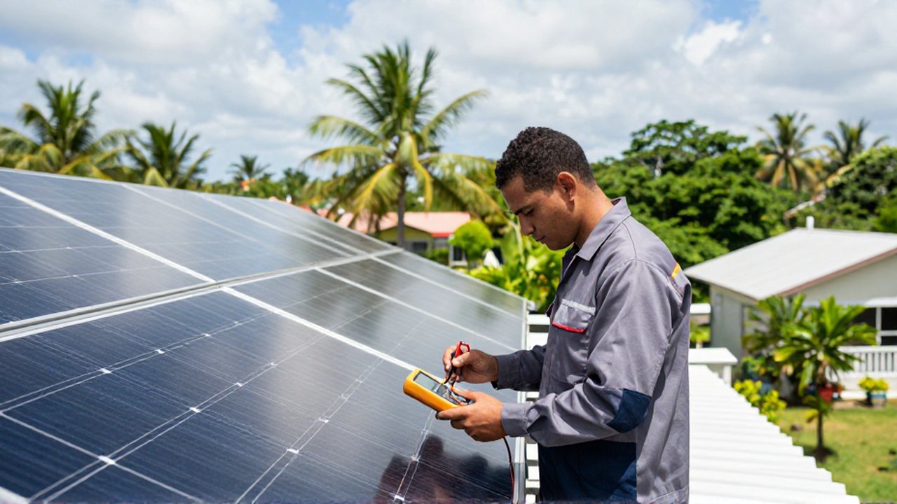A technician uses a digital multimeter to inspect solar panels on a tropical residential rooftop.