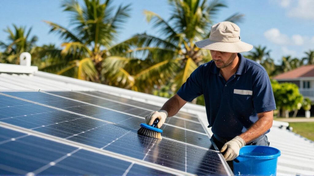 A technician cleans a solar panel array on a tropical residential rooftop under a bright sky.