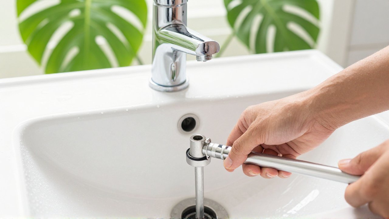 Hands use a plumbing snake tool to clear a blockage from a white ceramic sink.