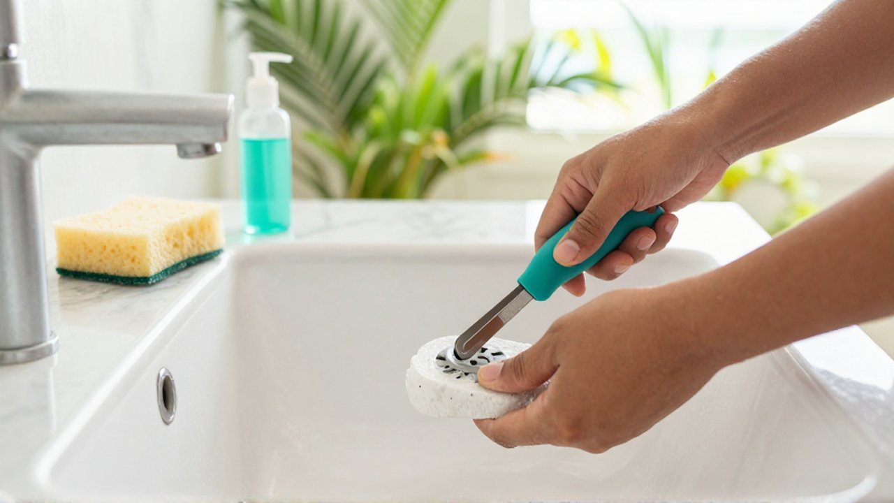 Hands use a small tool to clean a white ceramic sink drain in a bright, tropical bathroom.