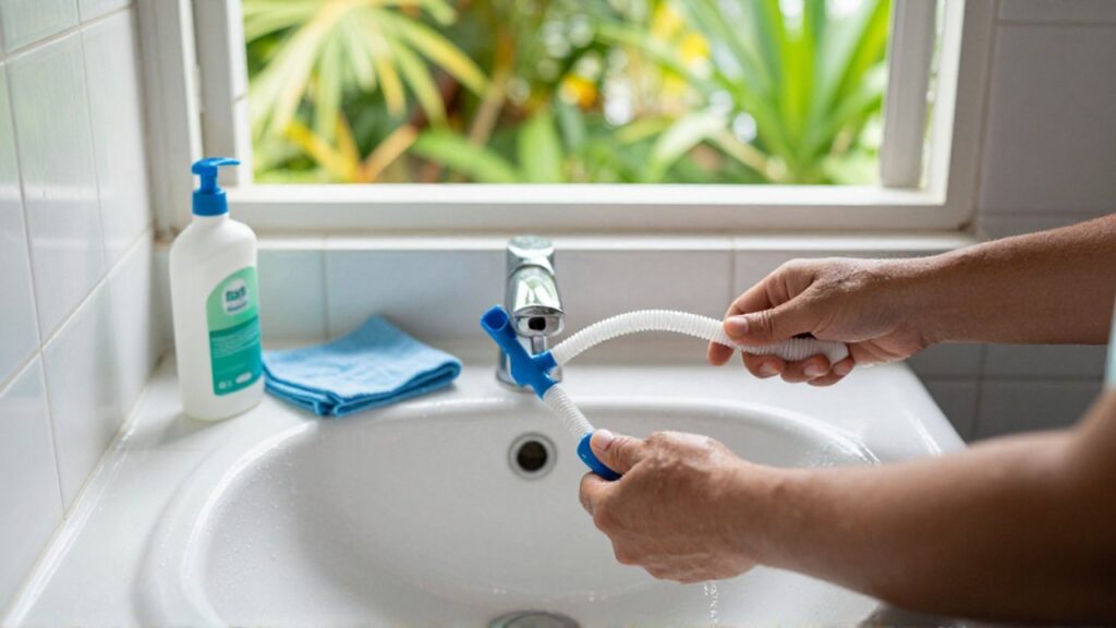 Hands use a flexible plastic tool to clear a white porcelain bathroom sink near a window.