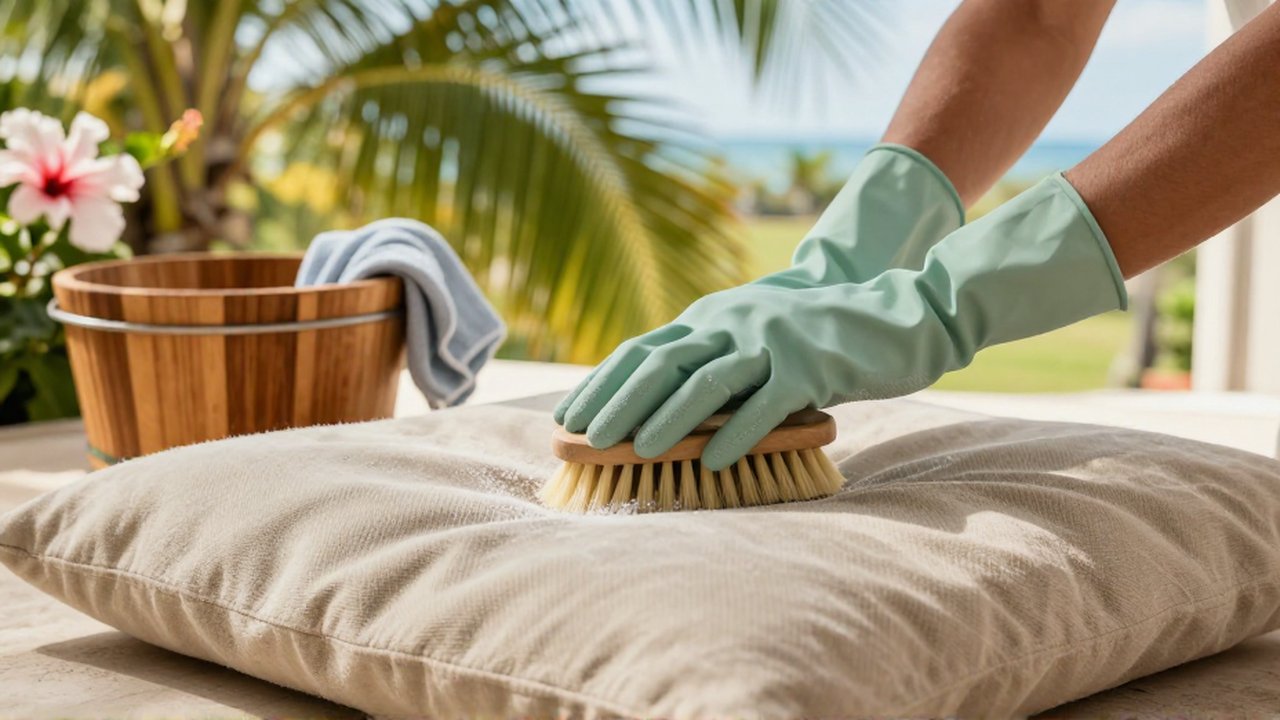 Hands in protective gloves scrub a textured outdoor cushion with a brush on a sunny patio.