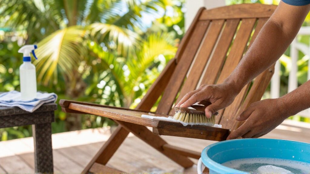 Hands carefully scrub a wooden patio chair with a soapy brush on a sunlit tropical veranda.