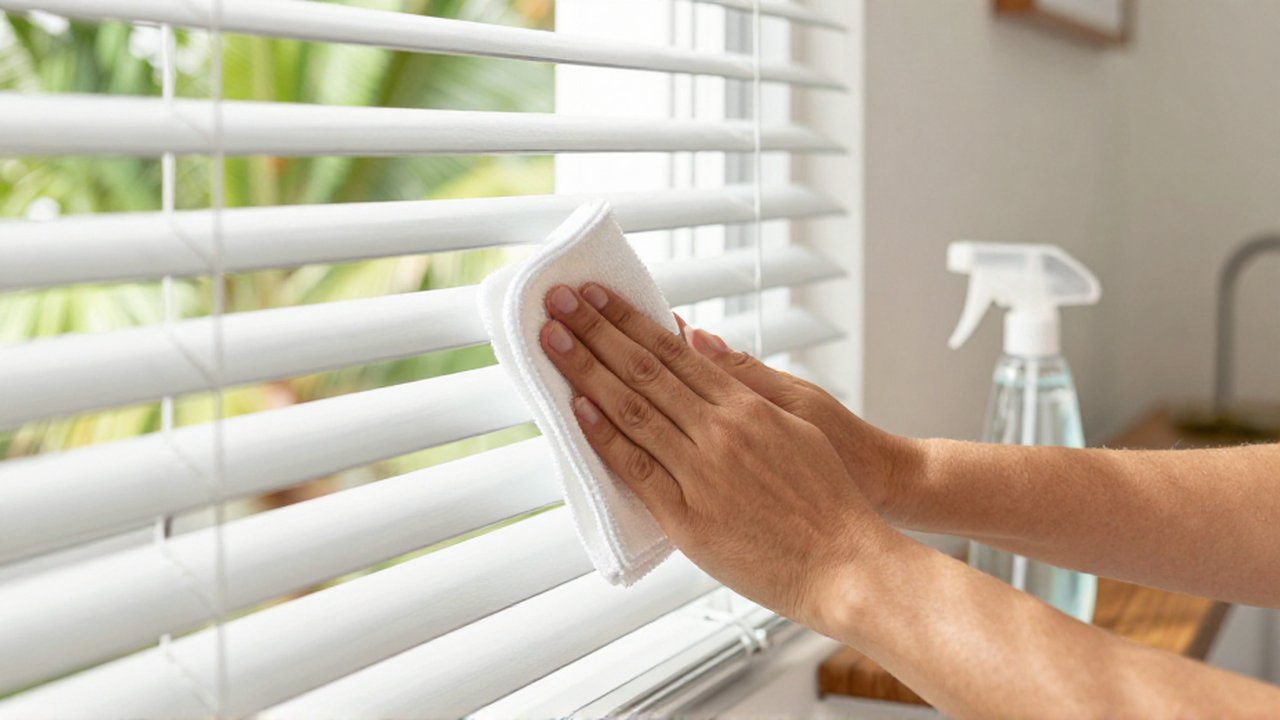 Hands use a soft microfiber cloth to wipe individual slats of white window blinds.