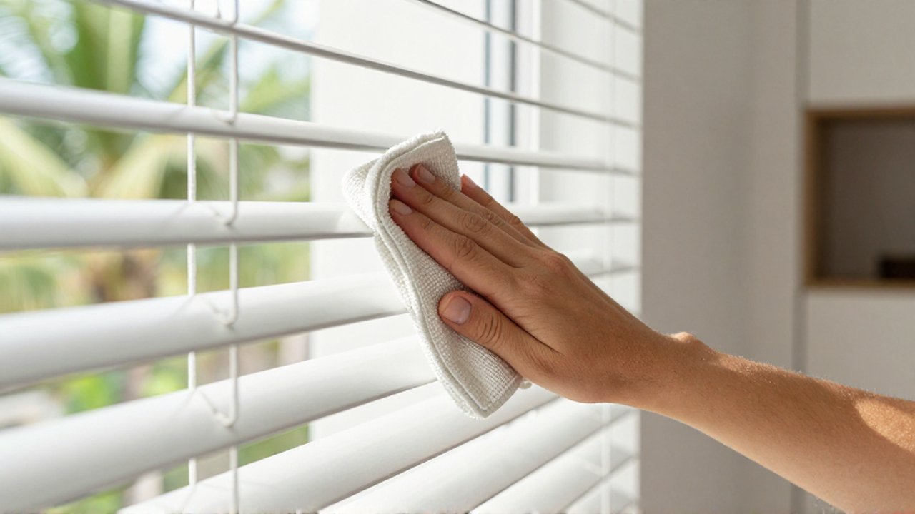 Hands use a microfiber cloth to wipe dust from white horizontal window blinds in a sunlit room.