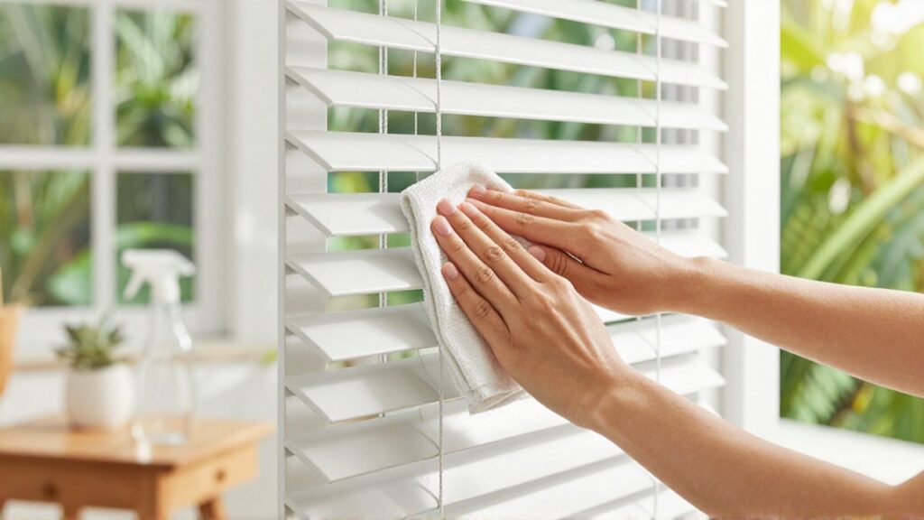 Hands use a microfiber cloth to wipe white horizontal window blinds in a sunlit living room.