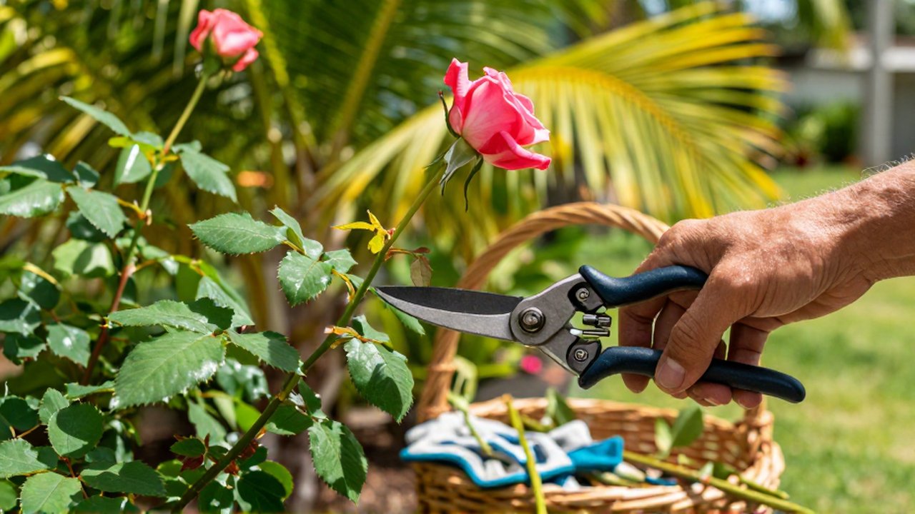 Hands use professional pruning shears to trim a rose stem in a lush tropical garden.