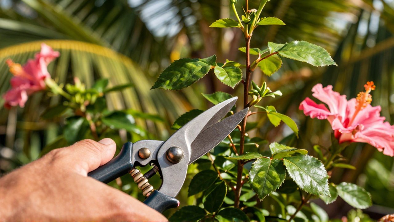 A gardener uses sharp bypass pruning shears to trim a stem of a vibrant rose bush in a sunny tropical garden.
