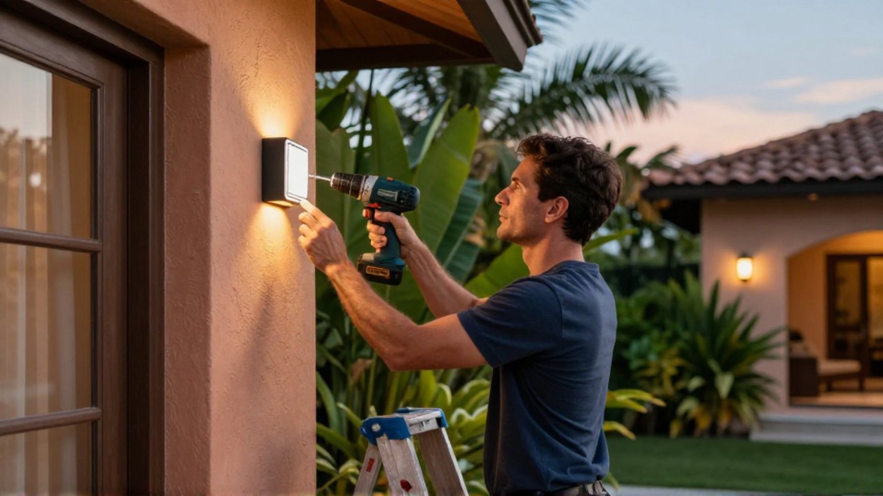 A man on a ladder installs a modern motion sensor light onto a tropical villa's exterior wall.