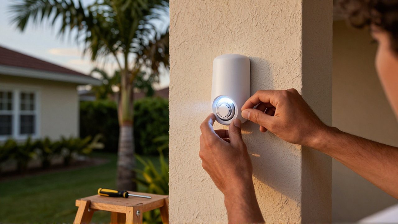 Hands adjust a small dial on a white motion sensor light mounted on a stucco wall.