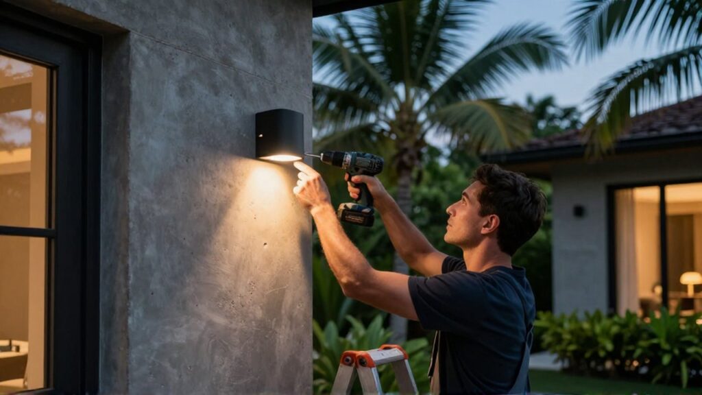 A handyman uses a cordless drill to mount a black motion sensor light onto a villa wall.