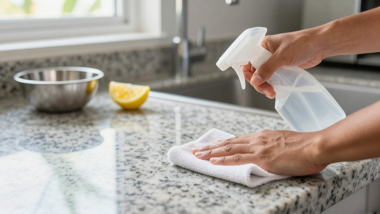 Hands wipe a polished granite countertop with a white cloth and disinfectant spray.