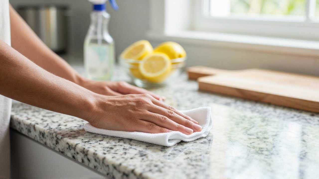 Hands use a white microfiber cloth to wipe a gleaming granite countertop in a bright kitchen.