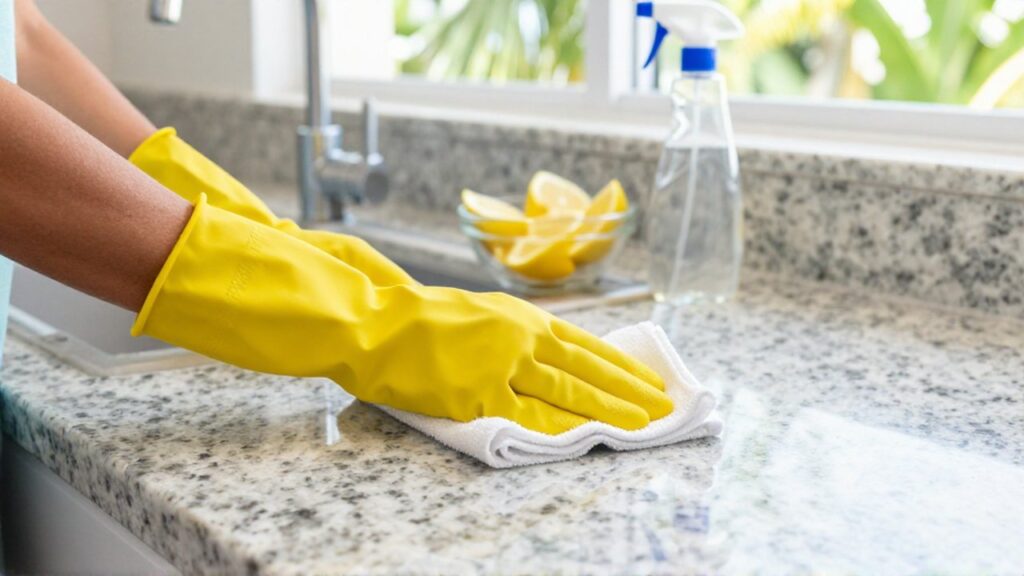 Hands in yellow gloves wipe a granite countertop with a white cloth in a bright kitchen.