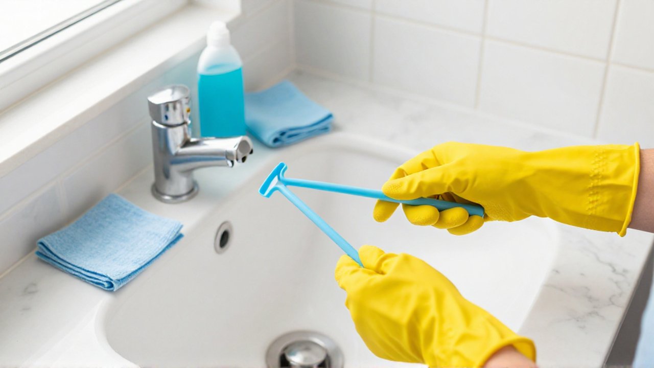Hands in yellow rubber gloves use a plastic snake tool to unclog a bathroom sink.