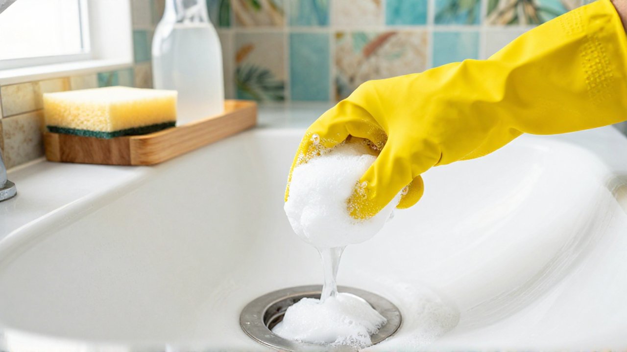Hands in yellow gloves pour vinegar and baking soda into a drain, creating white foam.