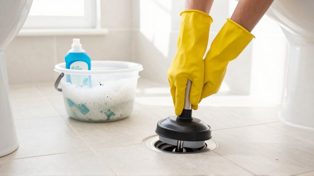 Hands in yellow gloves use a plunger to clear a clogged bathroom floor drain.