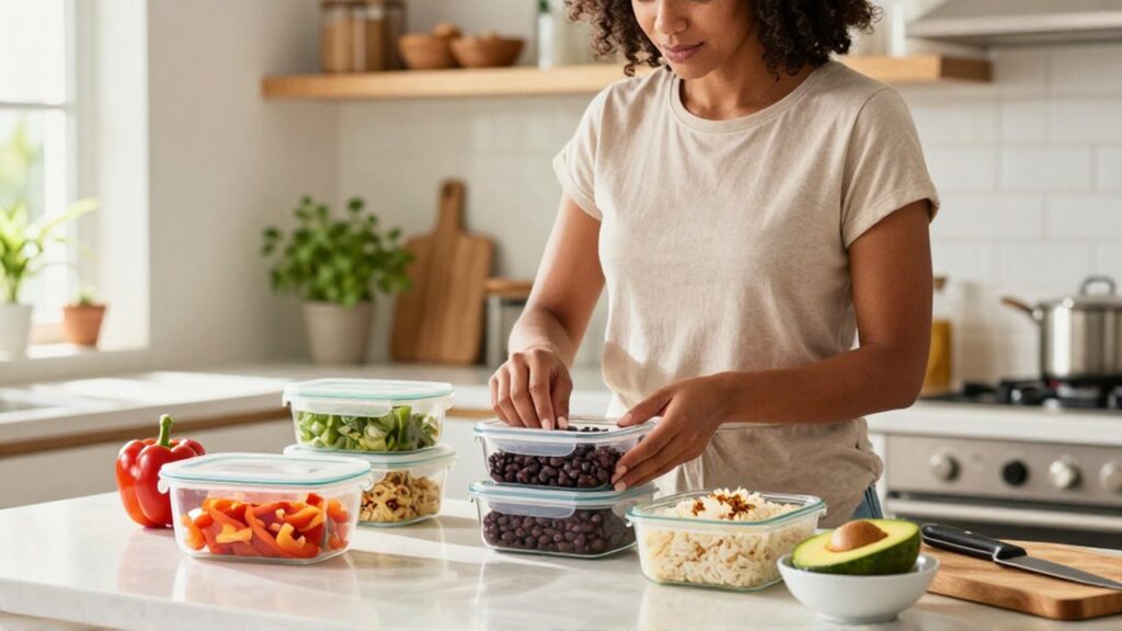 A woman portions cooked black beans and rice into glass containers in a bright kitchen.