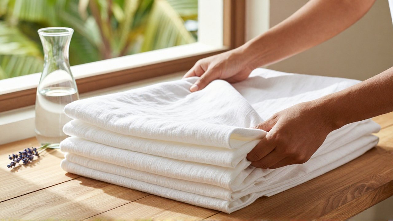 Hands carefully fold crisp white linen sheets on a wooden table in a sunlit, airy room.