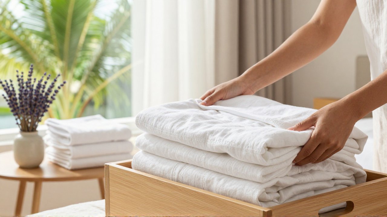 A woman folds clean white linen sheets into a wooden chest in a sunlit tropical bedroom.