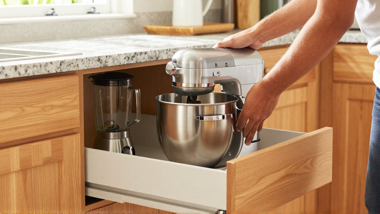 Hands carefully slide a heavy stainless steel stand mixer into a kitchen drawer.