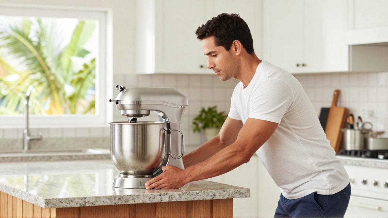 A man bends his knees to safely lift a heavy stainless steel mixer in a bright kitchen.