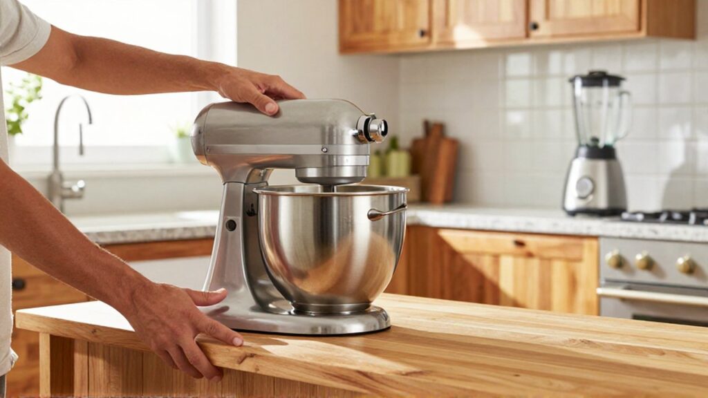 A person carefully slides a heavy stainless steel mixer onto a wooden kitchen shelf.