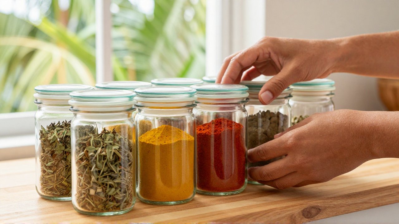 Hands carefully arrange colorful spices in airtight glass jars onto a wooden kitchen shelf.