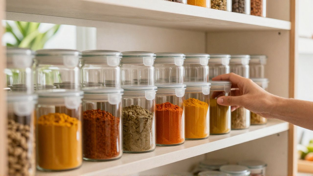 A person reaches for a jar of bright orange turmeric from an organized spice shelf.