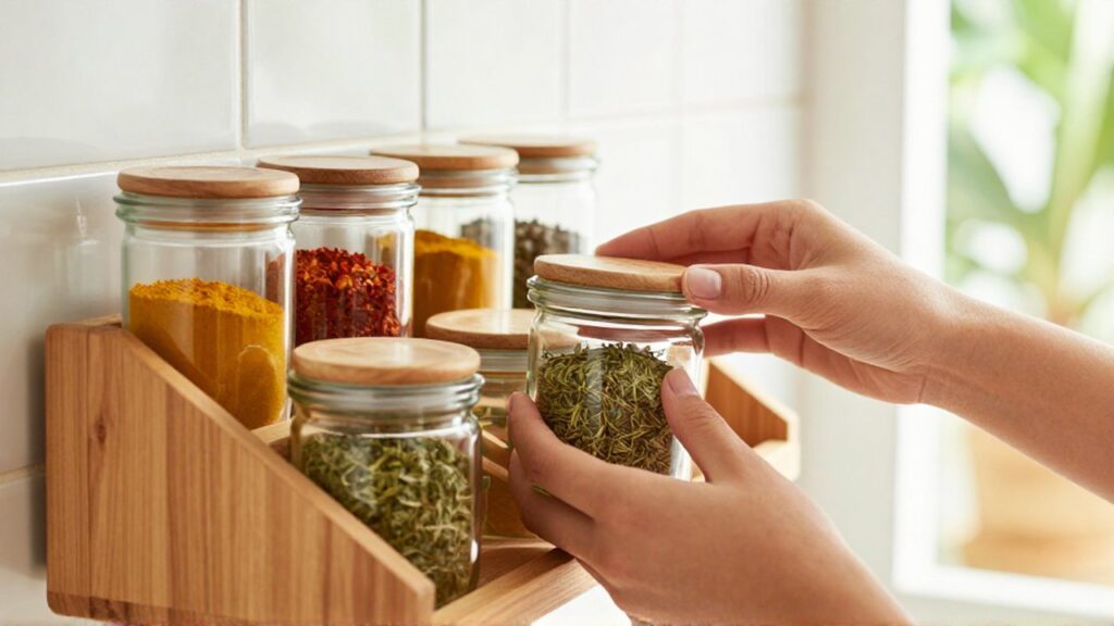 Hands place a glass jar of dried oregano into a wooden spice organizer in a bright kitchen.