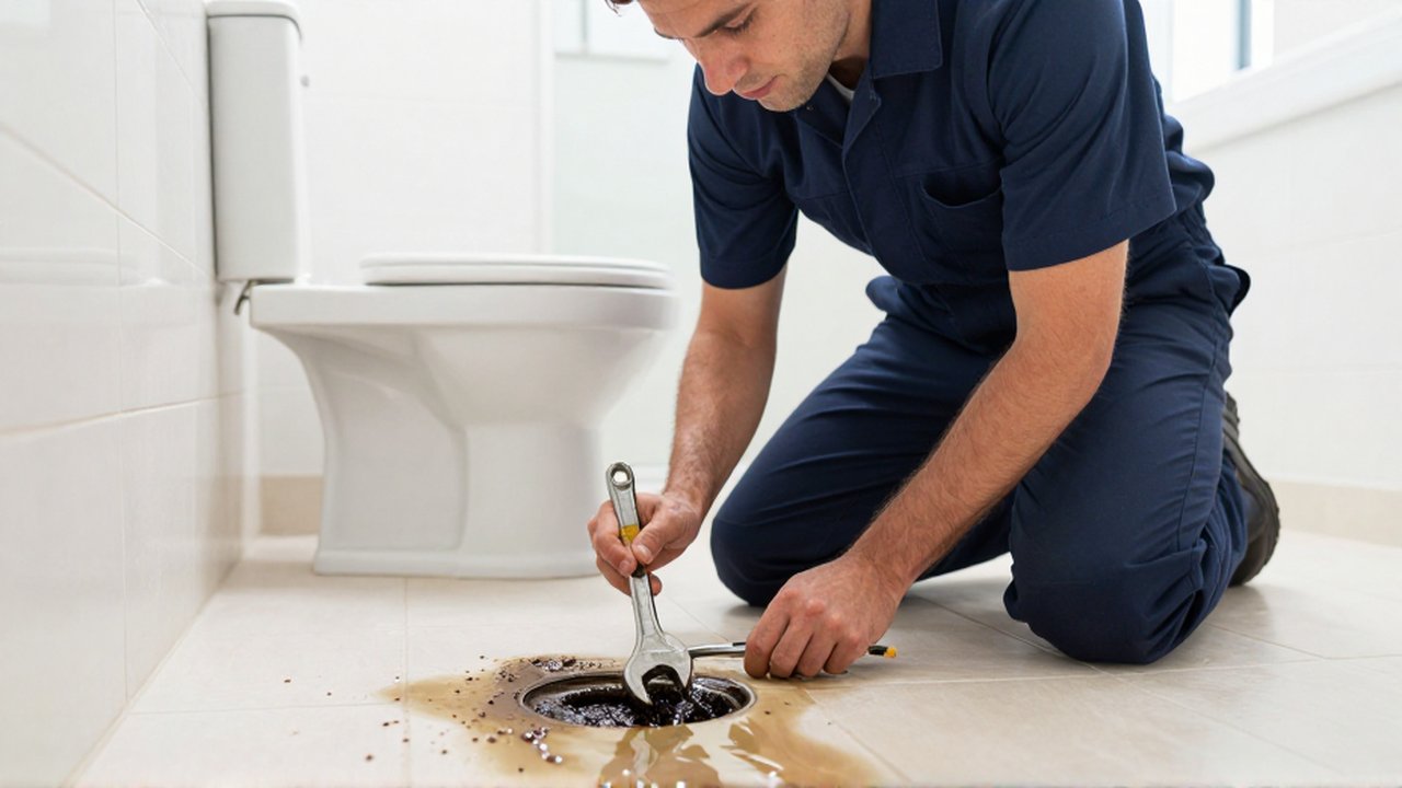 A professional plumber in a navy uniform inspects a floor drain as dark water bubbles up in a modern bathroom.