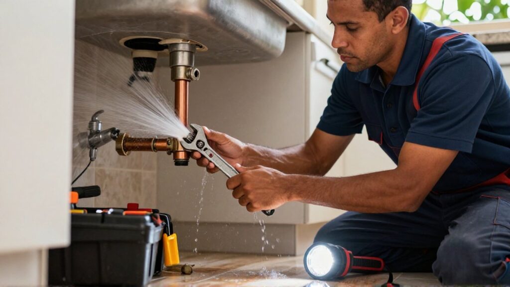 A plumber urgently repairs a leaking copper pipe under a kitchen sink.