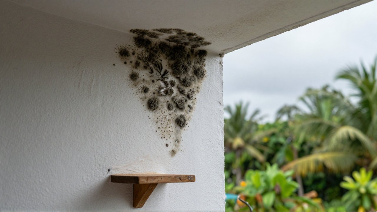 Dark mold patches spread across a damp corner of a white plaster wall near a window.
