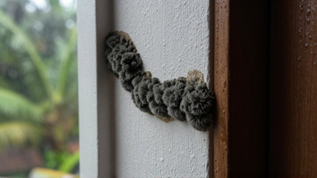 Dark mold spreads across a damp white plaster wall corner near a wooden door frame.